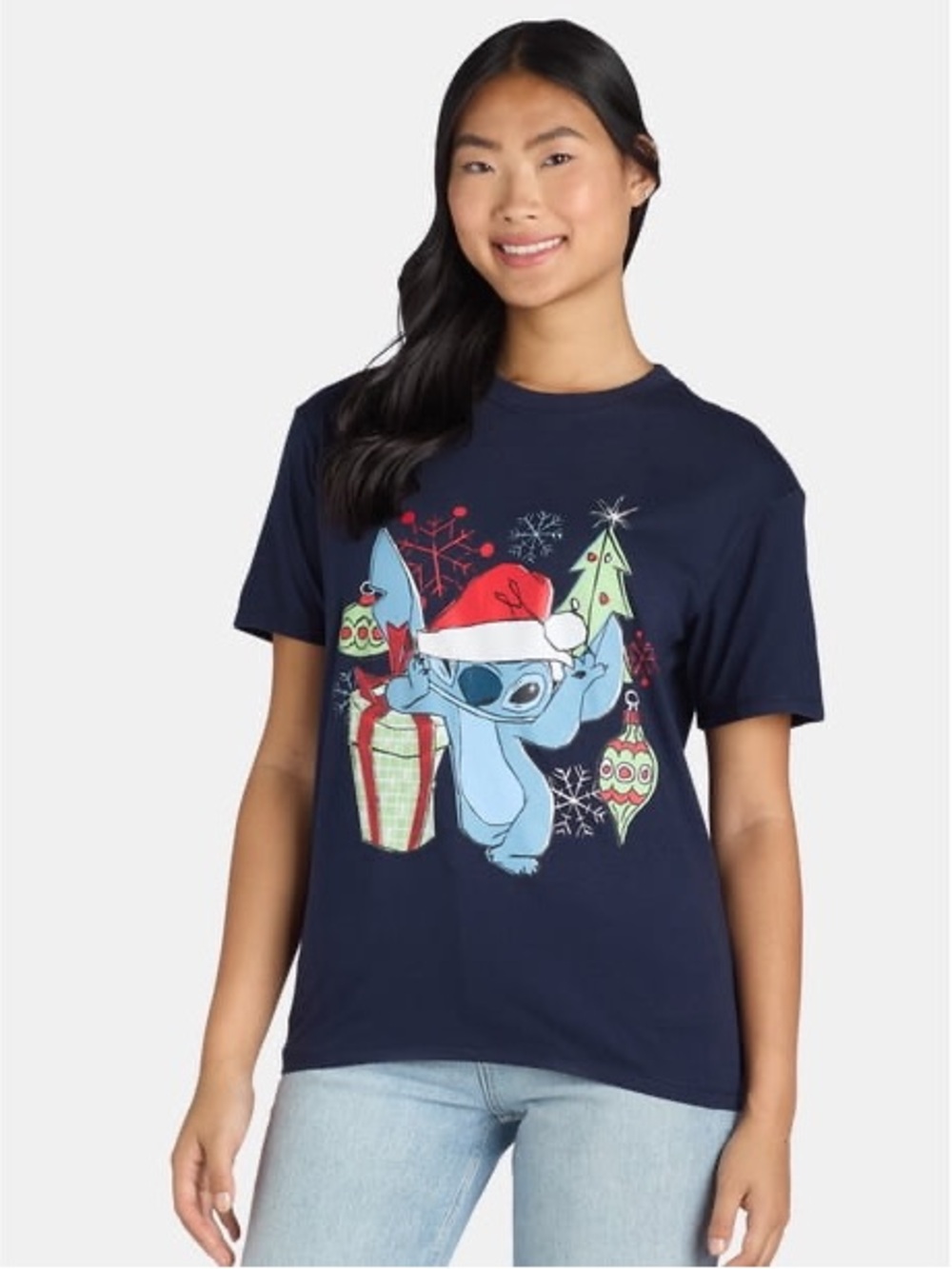 Disney Stitch Women's Size Medium (8-10) Navy Blue Holiday Christmas Graphic Tee